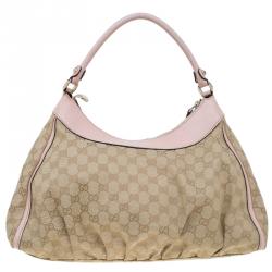 Pre Owned Gucci Biege/Pink GG Canvas Large D Ring Hobo