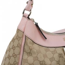 Pre Owned Gucci Biege/Pink GG Canvas Large D Ring Hobo