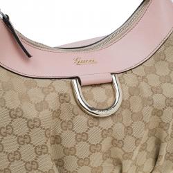 Pre Owned Gucci Biege/Pink GG Canvas Large D Ring Hobo
