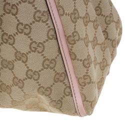 Pre Owned Gucci Biege/Pink GG Canvas Large D Ring Hobo