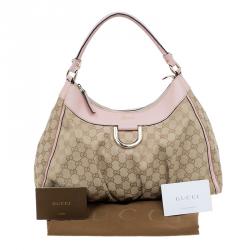 Pre Owned Gucci Biege/Pink GG Canvas Large D Ring Hobo