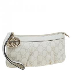 Pre Owned Gucci Off White Guccissima Leather Interlocking G Wristlet Pouch