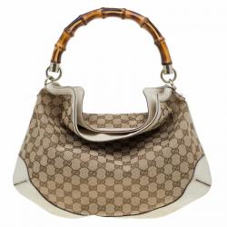 Pre Owned Gucci Beige/Off White GG Canvas Diana Bamboo Hobo