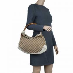 Pre Owned Gucci Beige/Off White GG Canvas Diana Bamboo Hobo