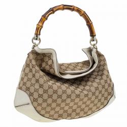 Pre Owned Gucci Beige/Off White GG Canvas Diana Bamboo Hobo