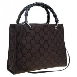 Pre Owned حقيبة غوتشي بامبو نايلون GG بني/ أسود