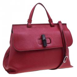 Pre Owned Gucci Red Leather Medium Bamboo Daily Top Handle Bag