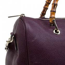 Pre Owned Gucci Burgundy Pebbled Leather Medium Bamboo Boston Bag