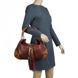 Pre Owned Gucci Brown Leather Medium Indy Top Handle Hobo