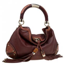 Pre Owned Gucci Brown Leather Medium Indy Top Handle Hobo