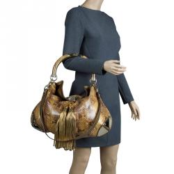 Pre Owned Gucci Metallic Gold Python Large Indy Top Handle Bag