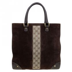 Pre Owned حقيبة يد غوتشي فيرتيكال كانفاس GG وسويدي بنية