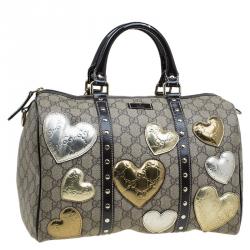 مملوكة مسبقًا Gucci Beige/Ebony GG Supreme Coated Canvas Medium Hearts Joy Boston Bag