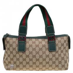 Pre Owned Gucci Beige/Green GG Canvas Small Handle Web Satchel