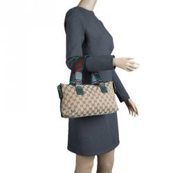 Pre Owned Gucci Beige/Green GG Canvas Small Handle Web Satchel
