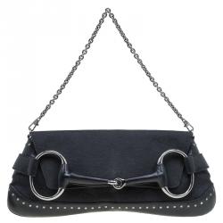 Pre Owned Gucci Black GG Canvas Studded Horsebit Chain Clutch