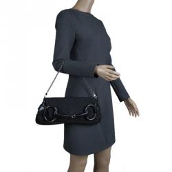 Pre Owned Gucci Black GG Canvas Studded Horsebit Chain Clutch