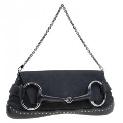 Pre Owned Gucci Black GG Canvas Studded Horsebit Chain Clutch