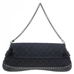 Pre Owned Gucci Black GG Canvas Studded Horsebit Chain Clutch