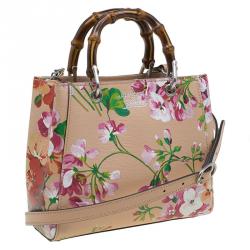 Pre Owned Gucci Multicolor Printed Blooms Leather Mini Bamboo Top Handle Bag