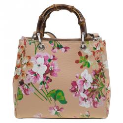 Pre Owned Gucci Multicolor Printed Blooms Leather Mini Bamboo Top Handle Bag