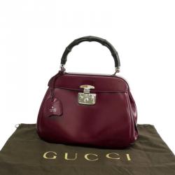 Pre Owned Gucci Bordeaux Leather Bamboo Lady Lock Top Handle Bag