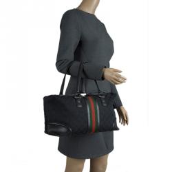 Pre Owned حقيبة غوتشي ويب تريشر بوسطن كبيرة كانفاس أسود GG و جلد