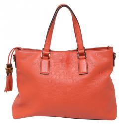 Pre Owned Gucci Dark Orange Pebbled Leather Bamboo Tassel Tote