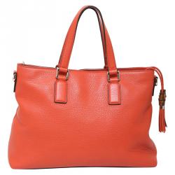 Pre Owned Gucci Dark Orange Pebbled Leather Bamboo Tassel Tote