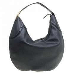 Pre Owned Gucci Black Leather Horsebit Embossed Buckle Hobo