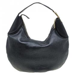 Pre Owned Gucci Black Leather Horsebit Embossed Buckle Hobo