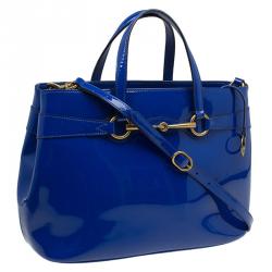 Pre Owned Gucci Blue Patent Leather Medium Bright Bit Tote