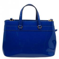Pre Owned Gucci Blue Patent Leather Medium Bright Bit Tote