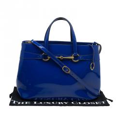 Pre Owned Gucci Blue Patent Leather Medium Bright Bit Tote