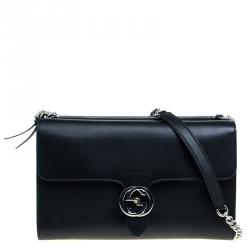 Pre Owned حقيبة كتف غوتشي GG متشابك متوسطة جلد سوداء