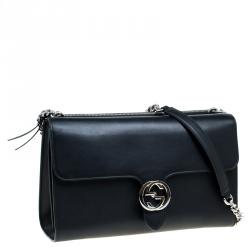 Pre Owned حقيبة كتف غوتشي GG متشابك متوسطة جلد سوداء