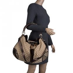 Pre Owned Gucci Beige GG Canvas Large Fur Tassel Indy Hobo