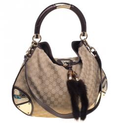 Pre Owned Gucci Beige GG Canvas Large Fur Tassel Indy Hobo