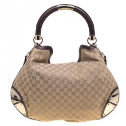 Pre Owned Gucci Beige GG Canvas Large Fur Tassel Indy Hobo