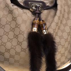 Pre Owned Gucci Beige GG Canvas Large Fur Tassel Indy Hobo