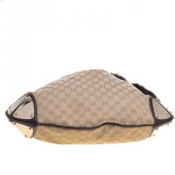 Pre Owned Gucci Beige GG Canvas Large Fur Tassel Indy Hobo
