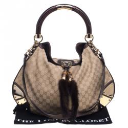 Pre Owned Gucci Beige GG Canvas Large Fur Tassel Indy Hobo