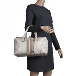 Pre Owned Gucci Off White Guccissima Leather Large Web Treasure Boston Bag