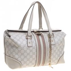 Pre Owned Gucci Off White Guccissima Leather Large Web Treasure Boston Bag