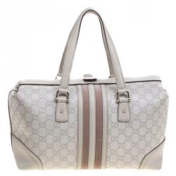 Pre Owned Gucci Off White Guccissima Leather Large Web Treasure Boston Bag