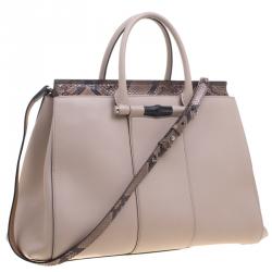 Pre Owned Gucci Beige Leather and Python Lady Bamboo Top Handle Bag