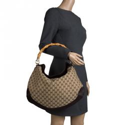 Pre Owned Gucci Beige/Brown GG Canvas Bamboo Hobo
