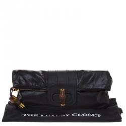 Gucci Black Leather Lucy Bamboo Detail Tassel Fold Over Clutch
