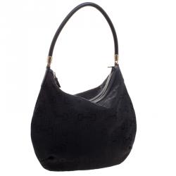 Pre Owned Gucci Black Horsebit Canvas Hobo