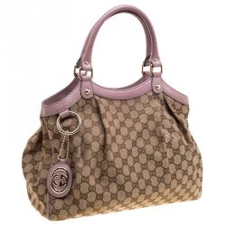 Pre Owned حقيبة يد غوتشي سوكي متوسطة كانفاس GG بنفسجية فاتحة/ بيج